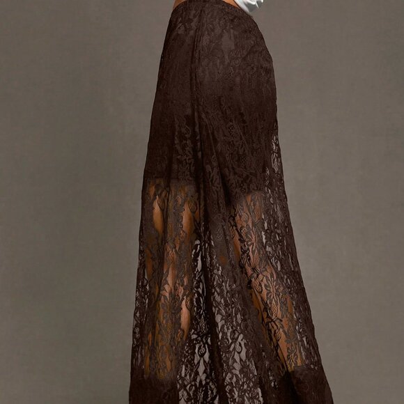 Coffee Brown Elegant Women's Sexy Long Wildflower Lace Skirt - Picture 5 of 6
